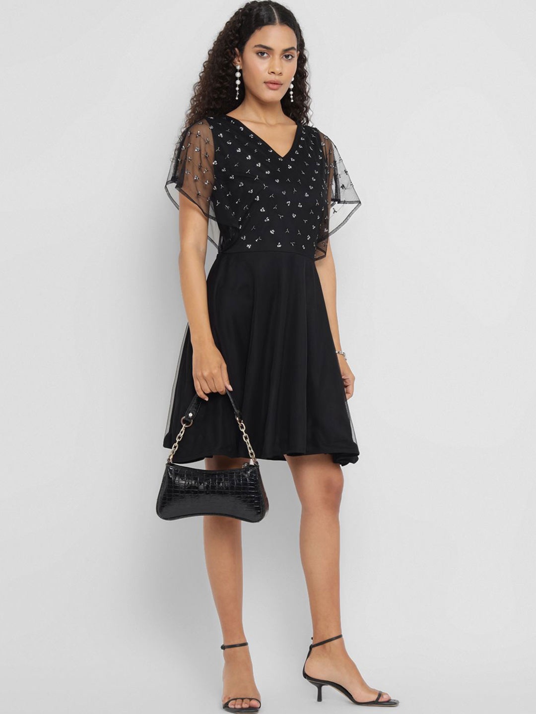 

Porsorte Embellished Flutter Sleeve Net Formal Fit & Flare Dress, Black