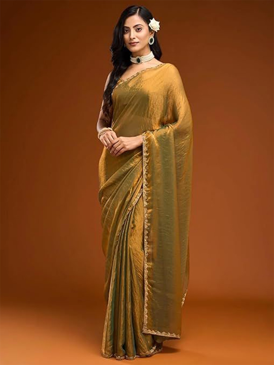 

sareyavella Beads and Stones Tissue Tussar Saree, Mustard