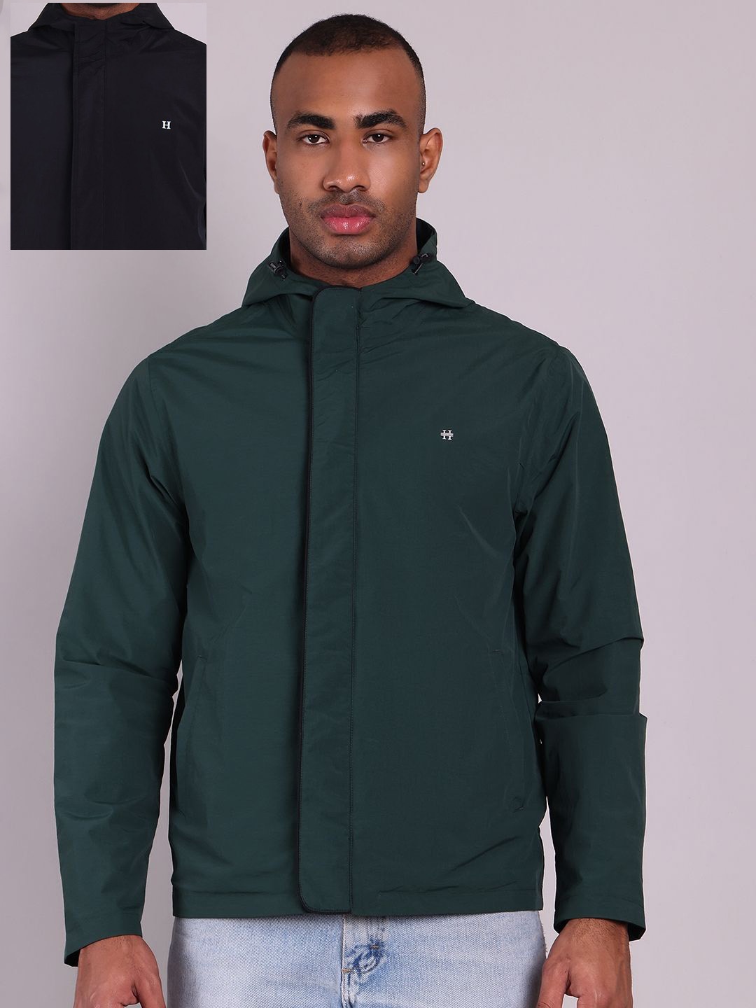 

HOUSE OF VEDAS Reversible Waterproof Hooded Rain Jacket, Green