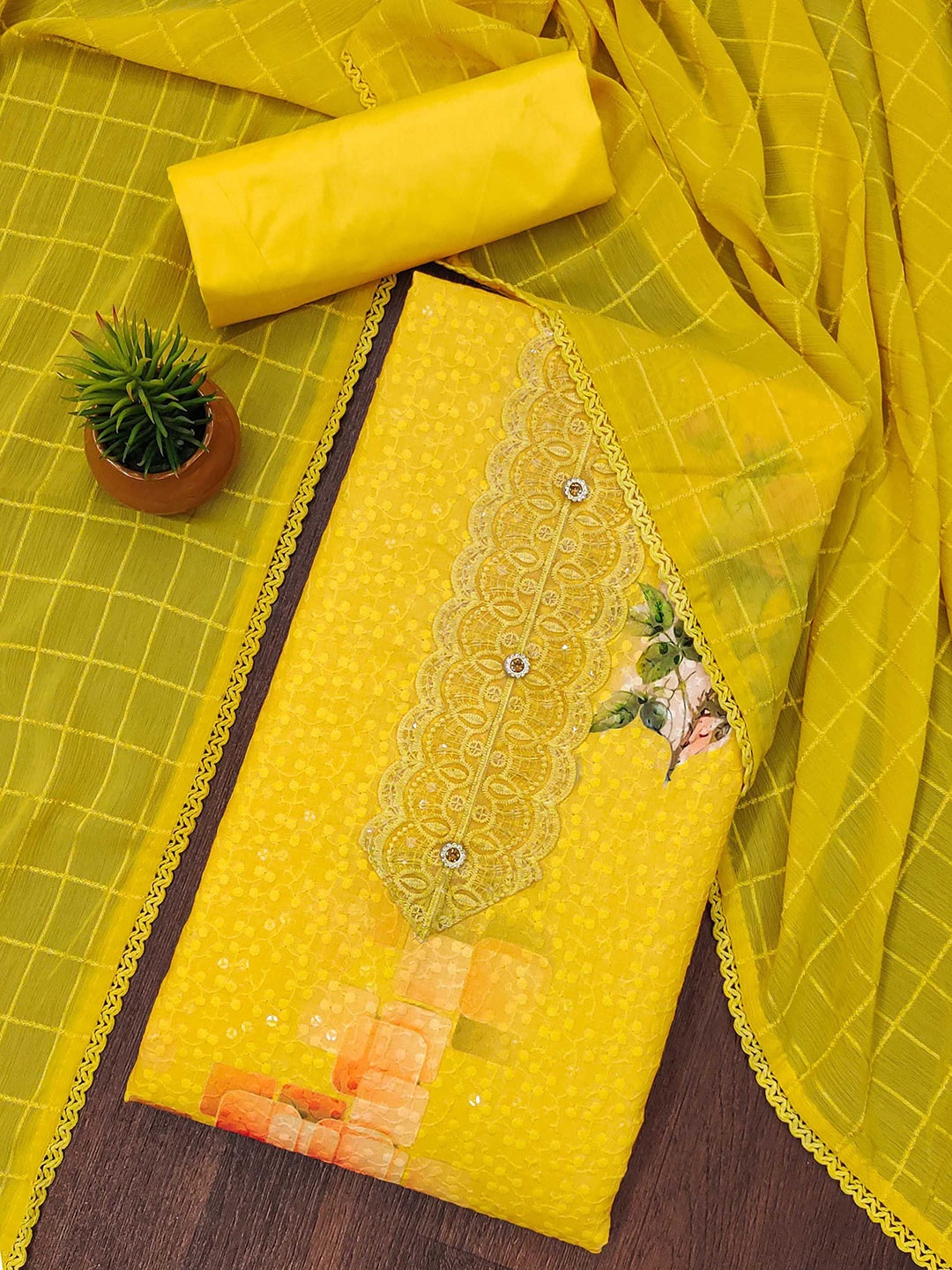 

SHADOW & SAINING Embroidered Unstitched Dress Material, Yellow