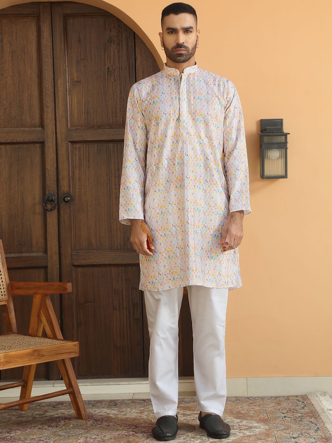 

KRAFT INDIA Men Ethnic Motifs Embroidered Regular Chikankari Kurta with Pyjamas, Yellow