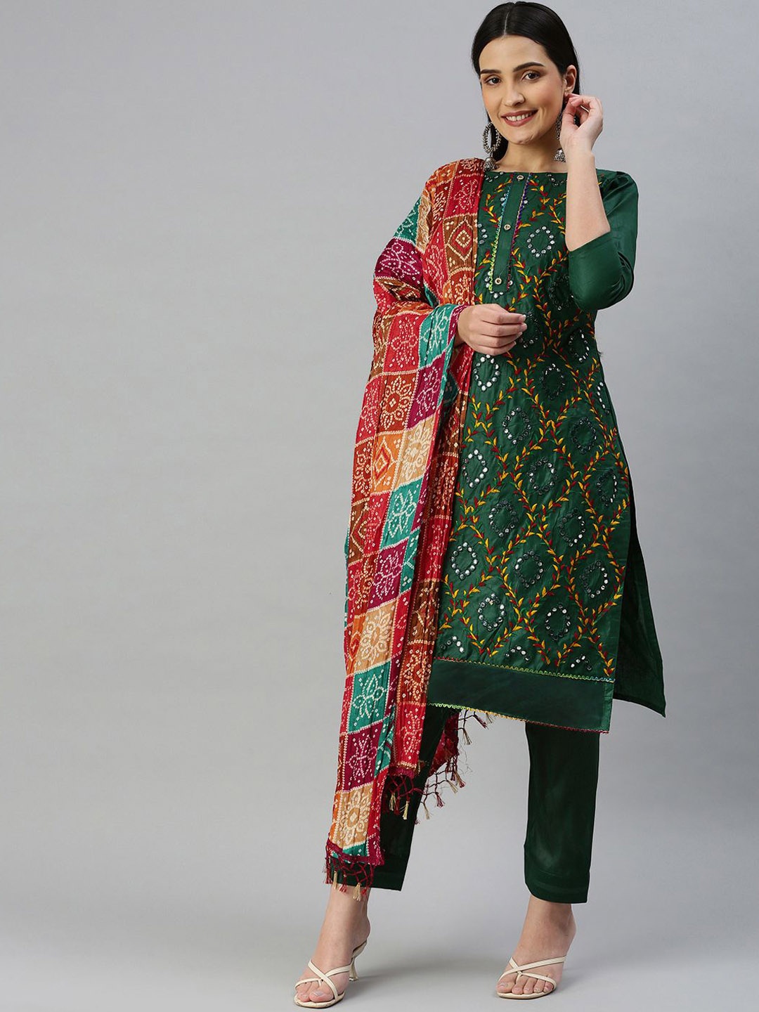 

SHADOW & SAINING Embroidered Pure Cotton Semi-Stitched Dress Material, Green