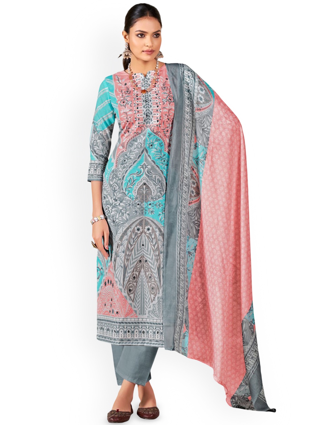 

DRAVINAM Trends Embellished Pure Cotton Unstitched Dress Material, Grey