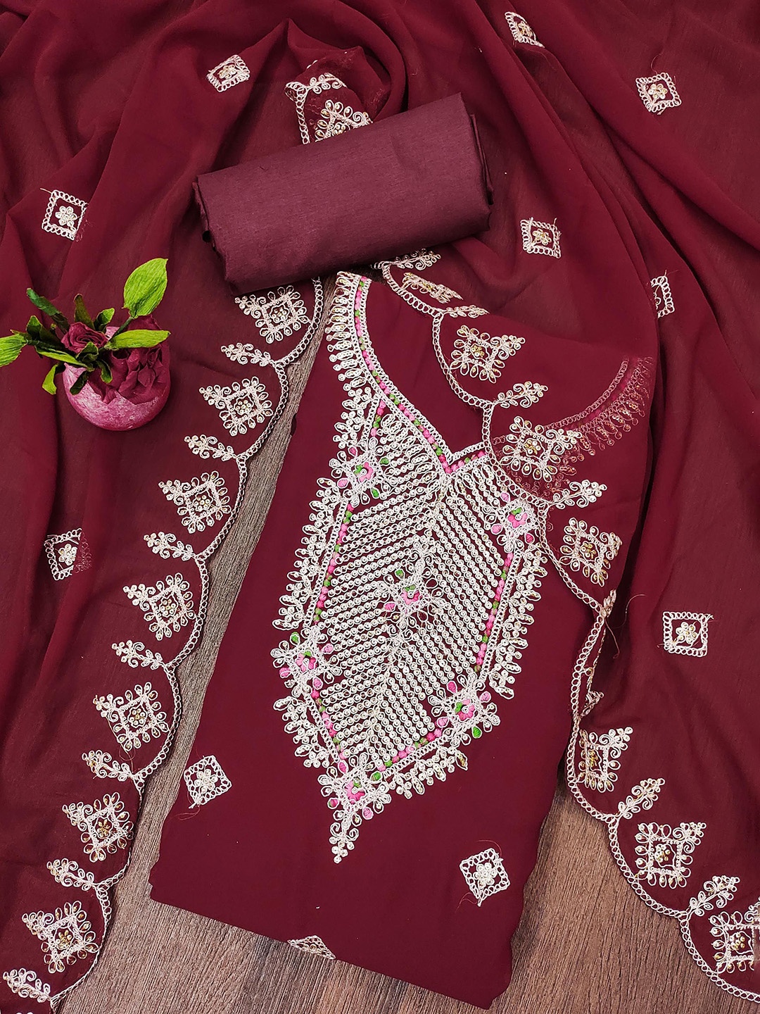 

SHADOW & SAINING Embroidered Silk Georgette Unstitched Dress Material, Maroon