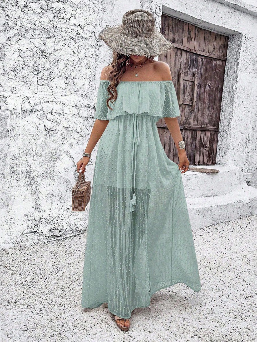 

bebe Off-Shoulder Maxi Dress, Green