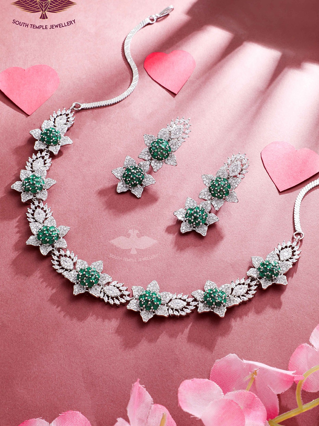 

South Temple Jewellery Silver-Plated American Diamond-Studded Jewellery Set