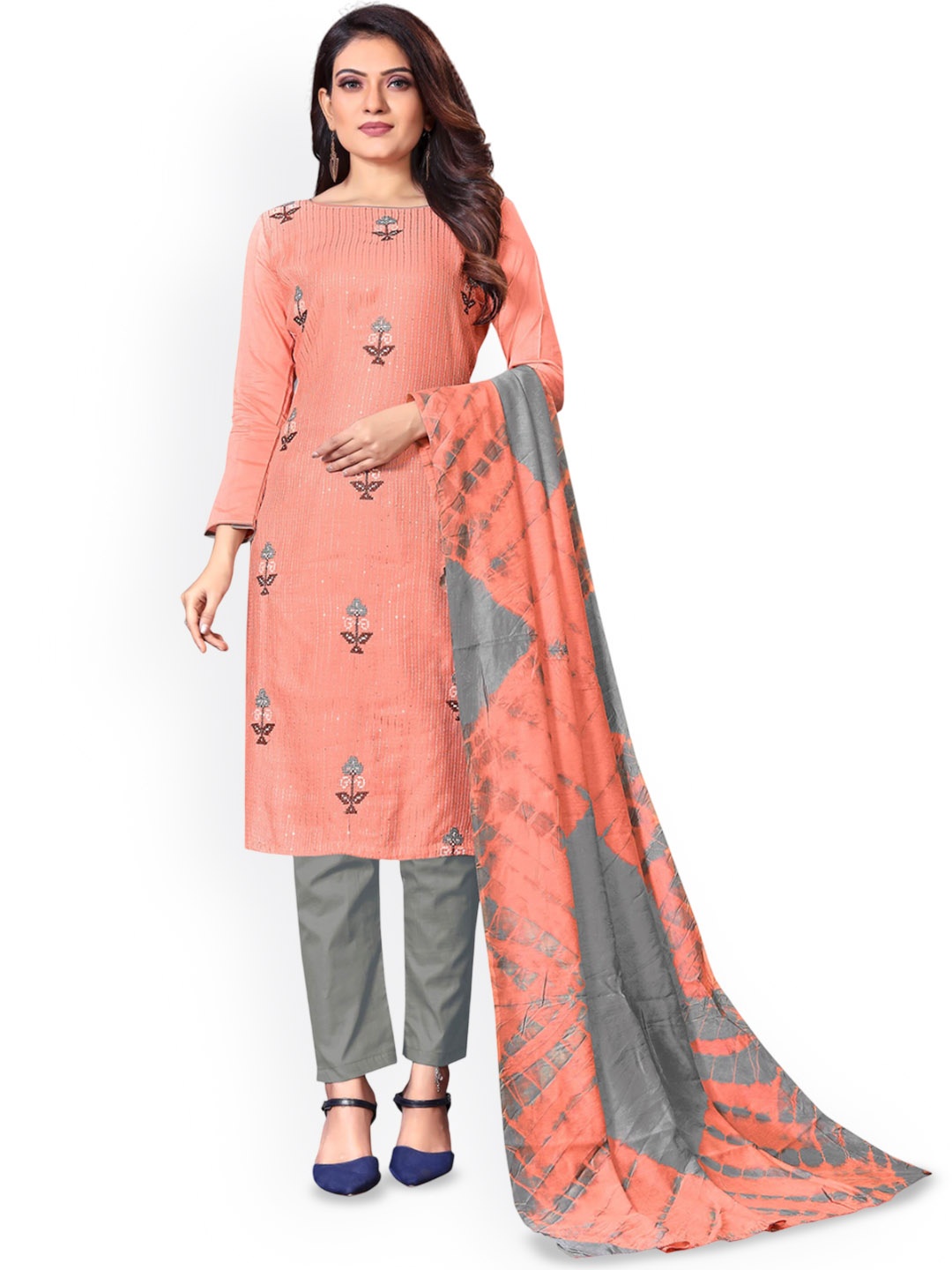 

SHADOW & SAINING Embroidered Pure Cotton Unstitched Dress Material, Peach