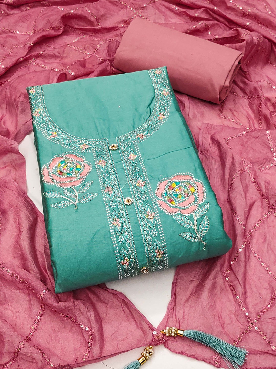 

SHADOW & SAINING Embroidered Unstitched Dress Material, Sea green