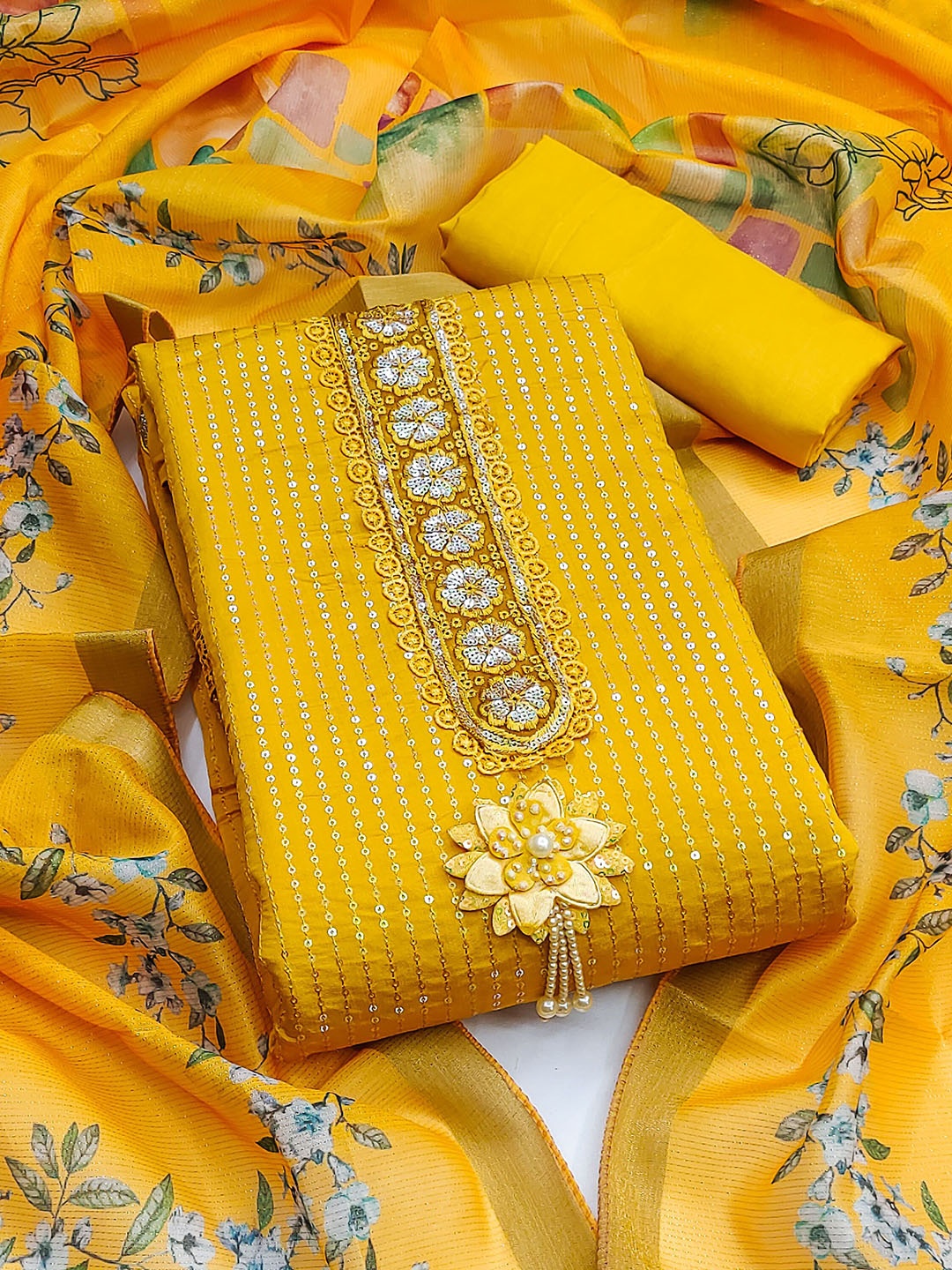 

SHADOW & SAINING Embroidered Pure Silk Semi-Stitched Dress Material, Yellow