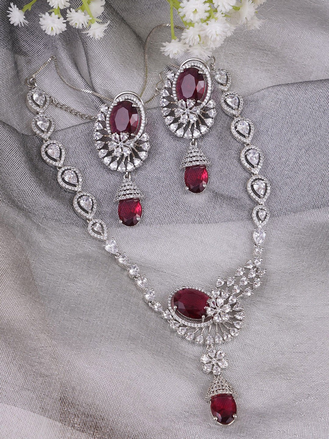 

Adwitiya Collection Rhodium-Plated American Diamond Ruby & Kundan Studded Jewellery Set, Silver