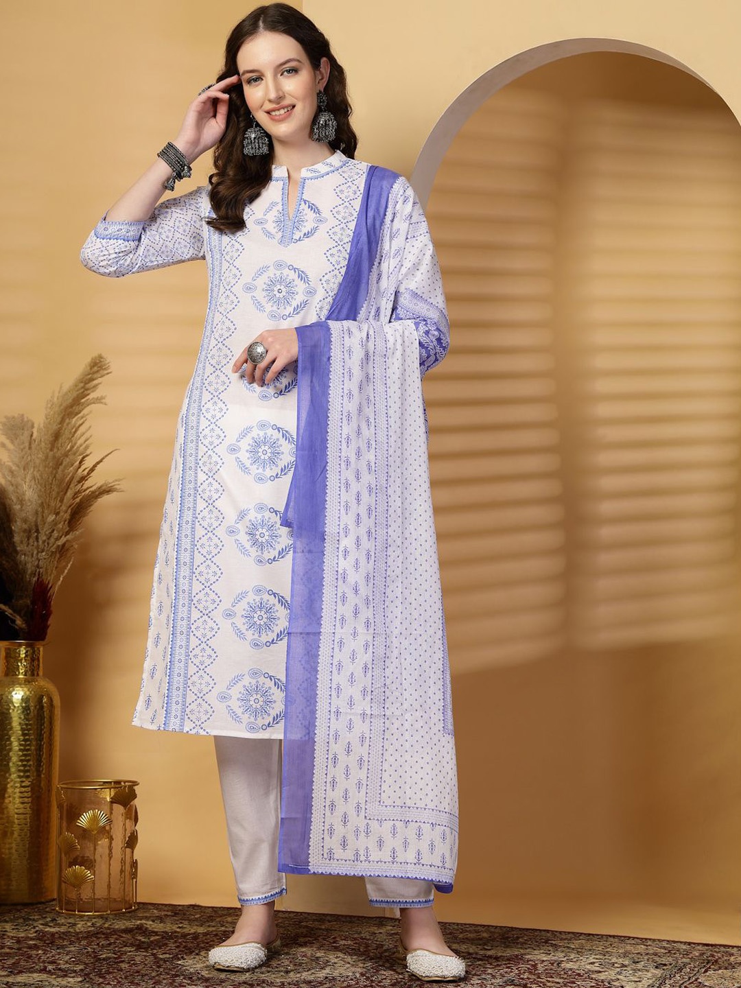 

Moda Rapido Women Floral Printed Regular Sequinned Pure Cotton Kurta with Palazzos & With Dupatta, Blue