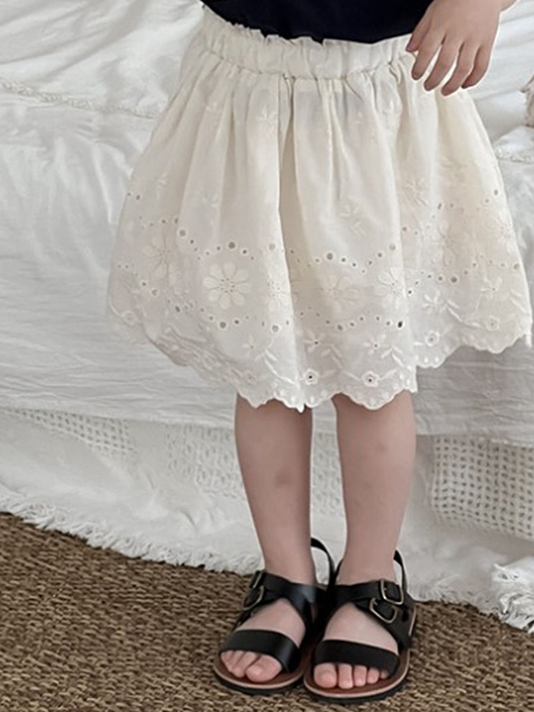

LULU & SKY Girls Self-Design Pure Cotton A-Line Knee Length Skirt, Beige