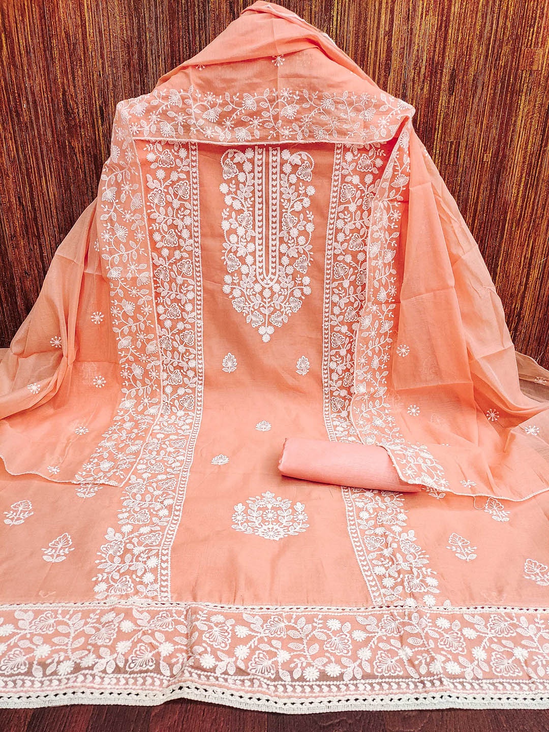 

SHADOW & SAINING Embroidered Unstitched Dress Material, Peach