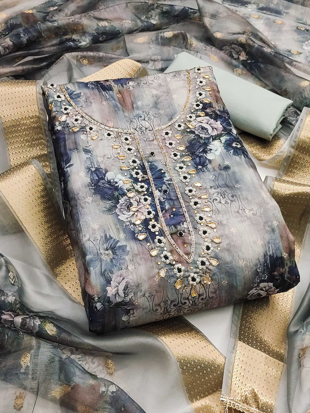 

SHADOW & SAINING Printed Semi-Stitched Dress Material, Grey