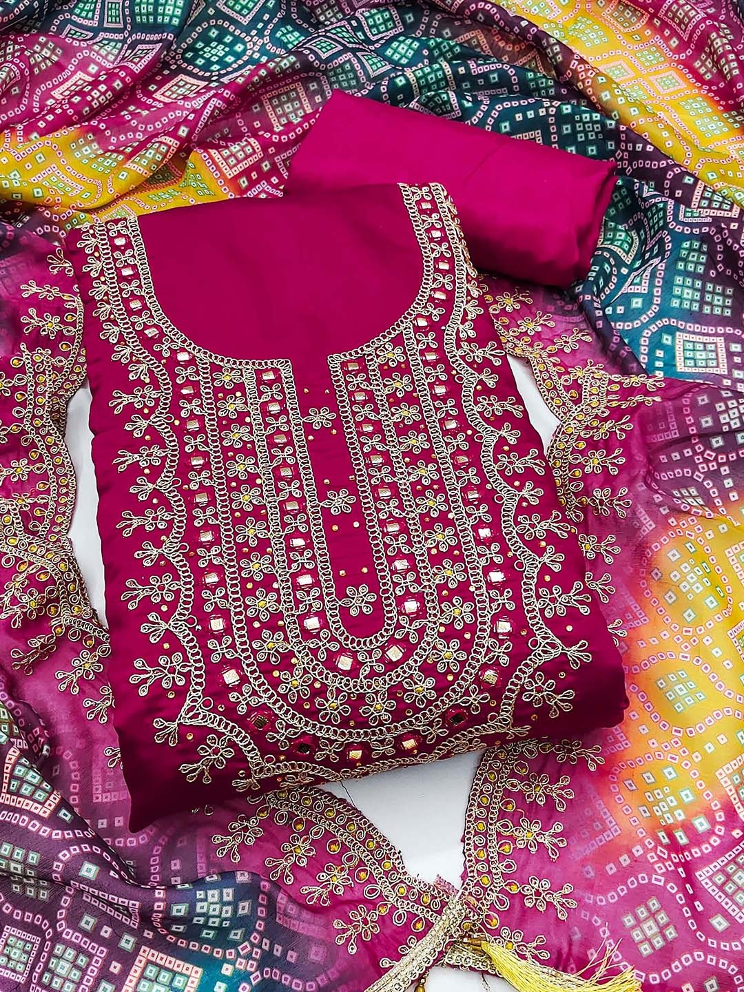 

SHADOW & SAINING Embroidered Pure Silk Semi-Stitched Dress Material, Pink