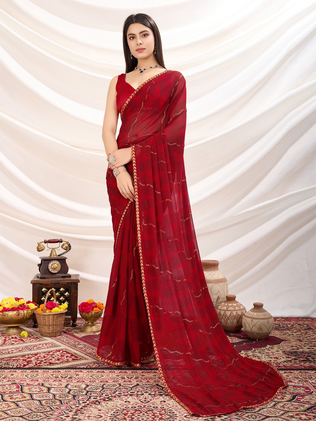 

LeeliPeeri Designer Striped Embroidered Poly Georgette Saree, Red