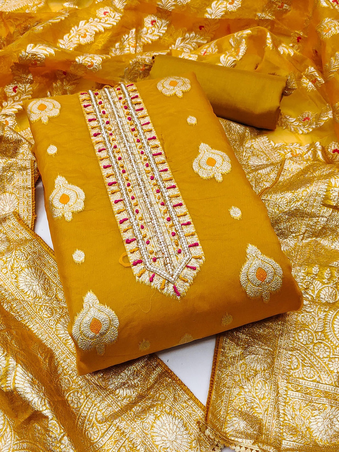

SHADOW & SAINING Organza Semi-Stitched Dress Material, Yellow