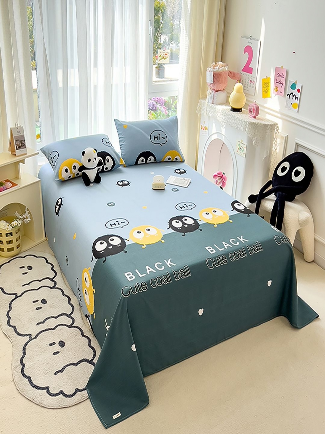 

JC HOME Teal & Blue Cartoon Characters 140 TC King Bedsheet with 2 Pillow Covers