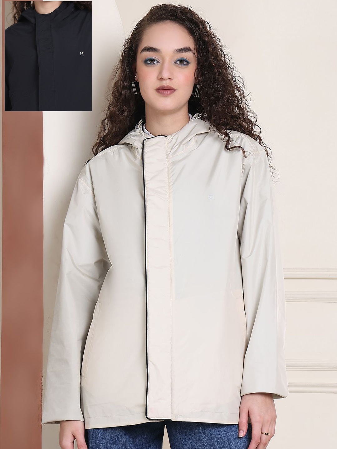 

HOUSE OF VEDAS Waterproof Reversible Hooded Rain Jacket, Beige