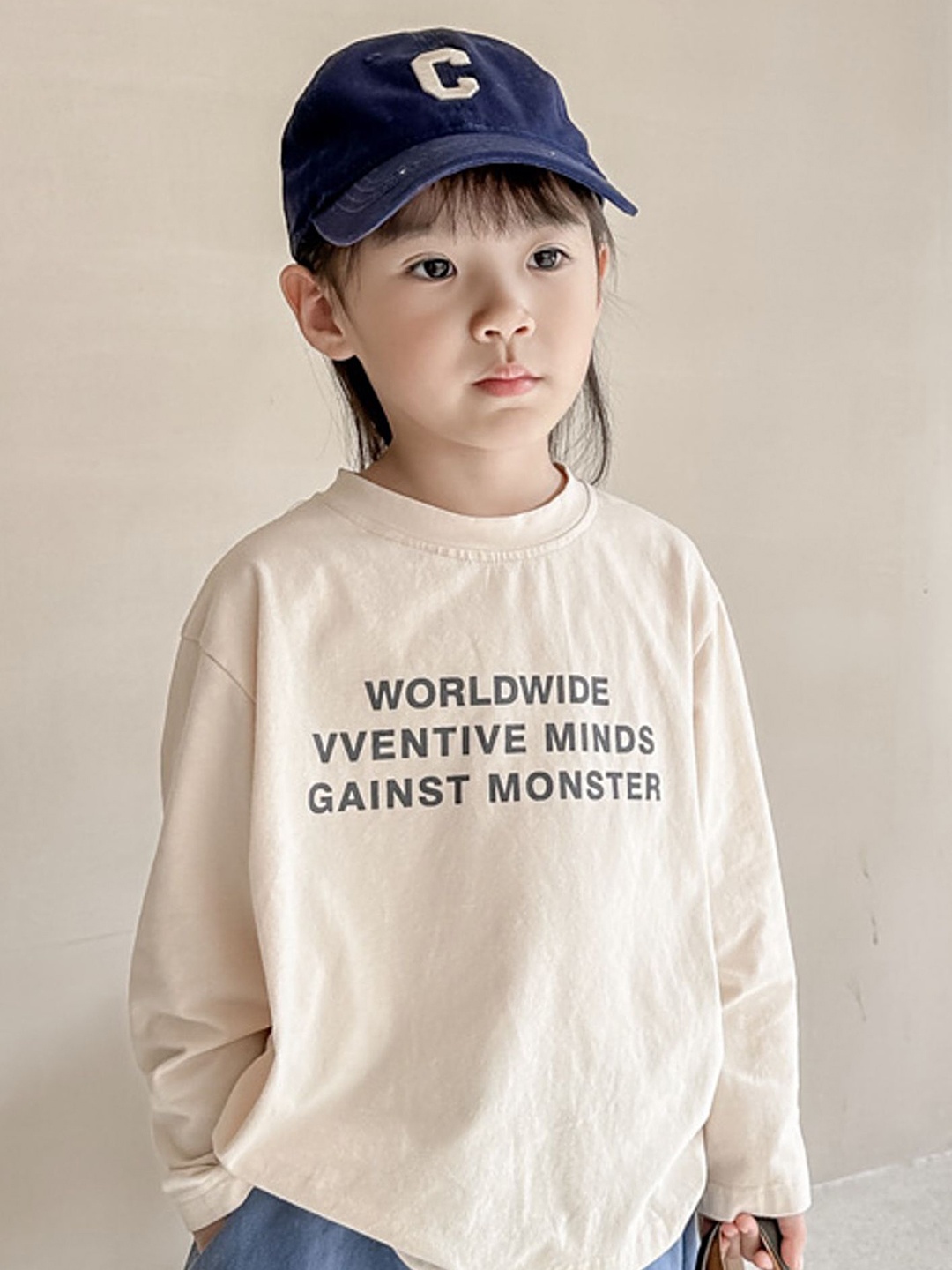 

LULU & SKY Kids Typography Printed Drop-Shoulder Sleeves Pockets T-shirt, Beige