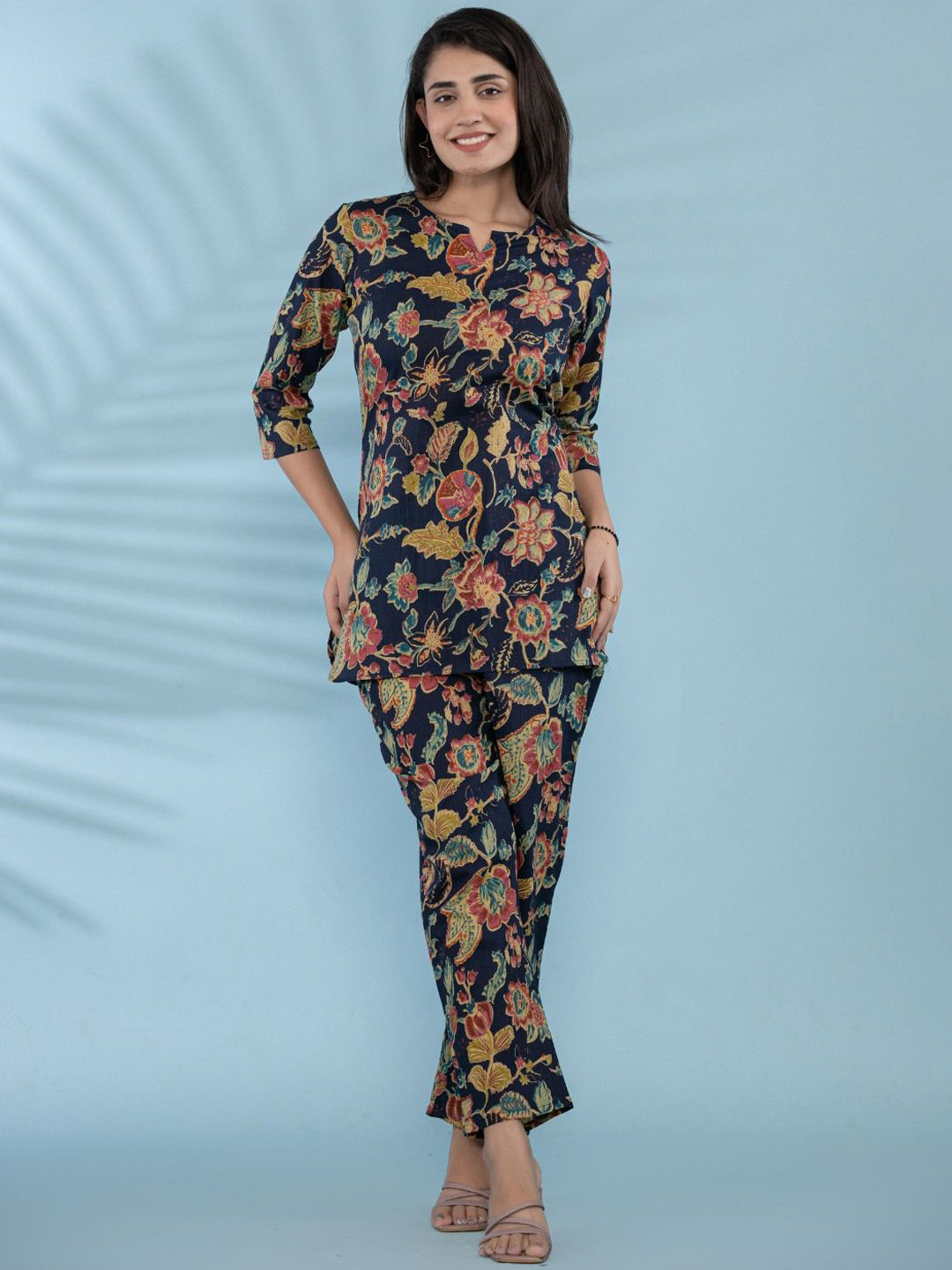 

VEDANA Floral Printed Pure Cotton Top With Trousers Co-Ords, Navy blue