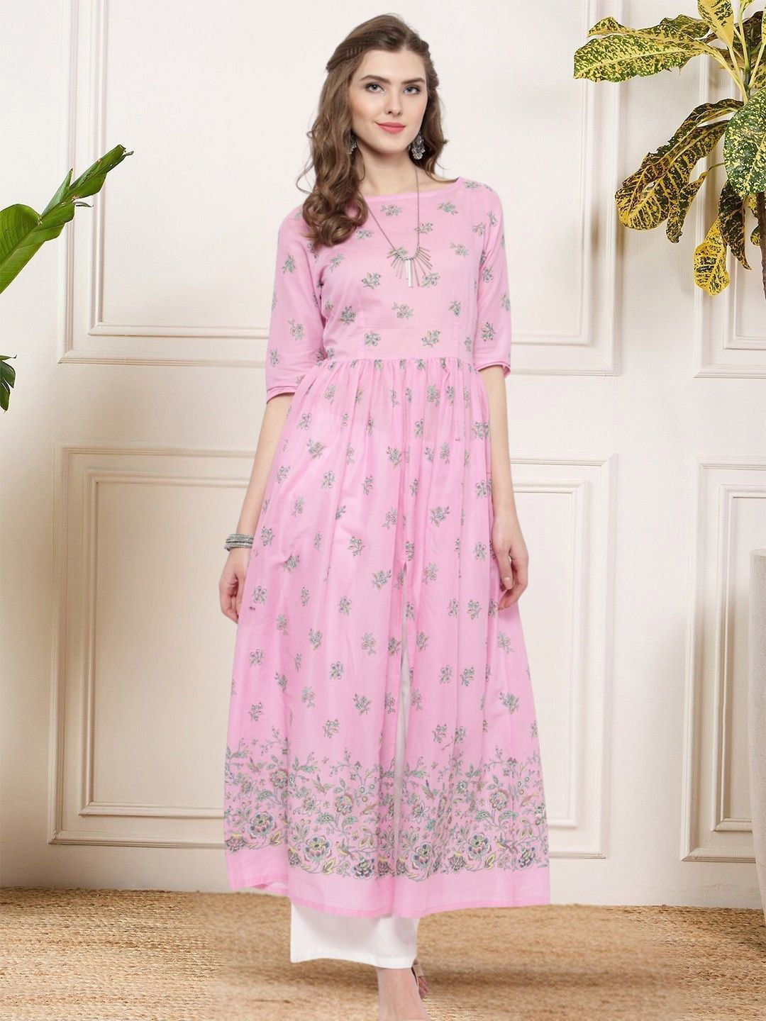 

Sera Women Floral Printed High Slit Pure Cotton Kurta with Palazzos, Pink