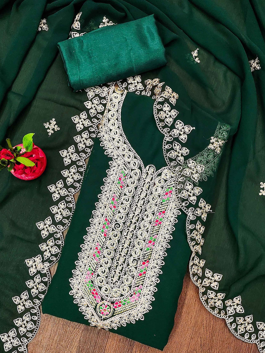 

SHADOW & SAINING Embroidered Silk Georgette Unstitched Dress Material, Green