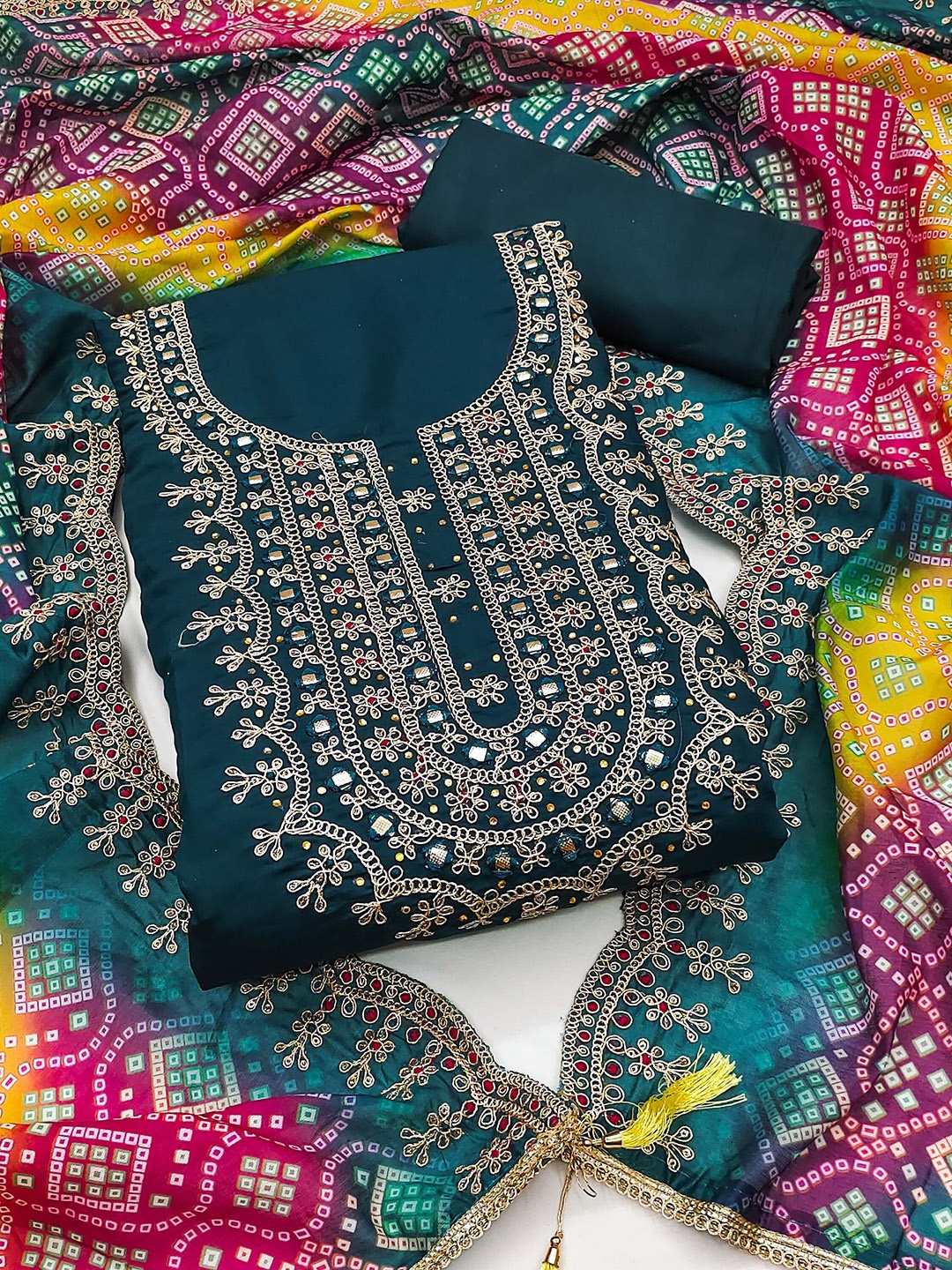 

SHADOW & SAINING Embroidered Pure Silk Semi-Stitched Dress Material, Teal