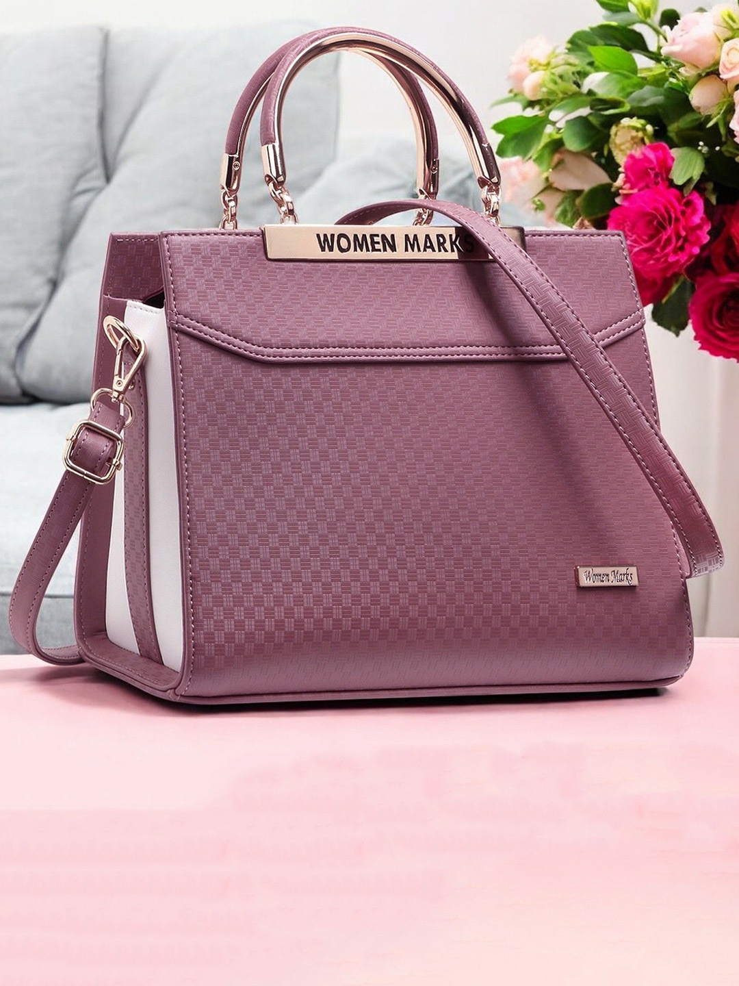 

WOMEN MARKS Textured PU Structured Handheld Bag, Pink