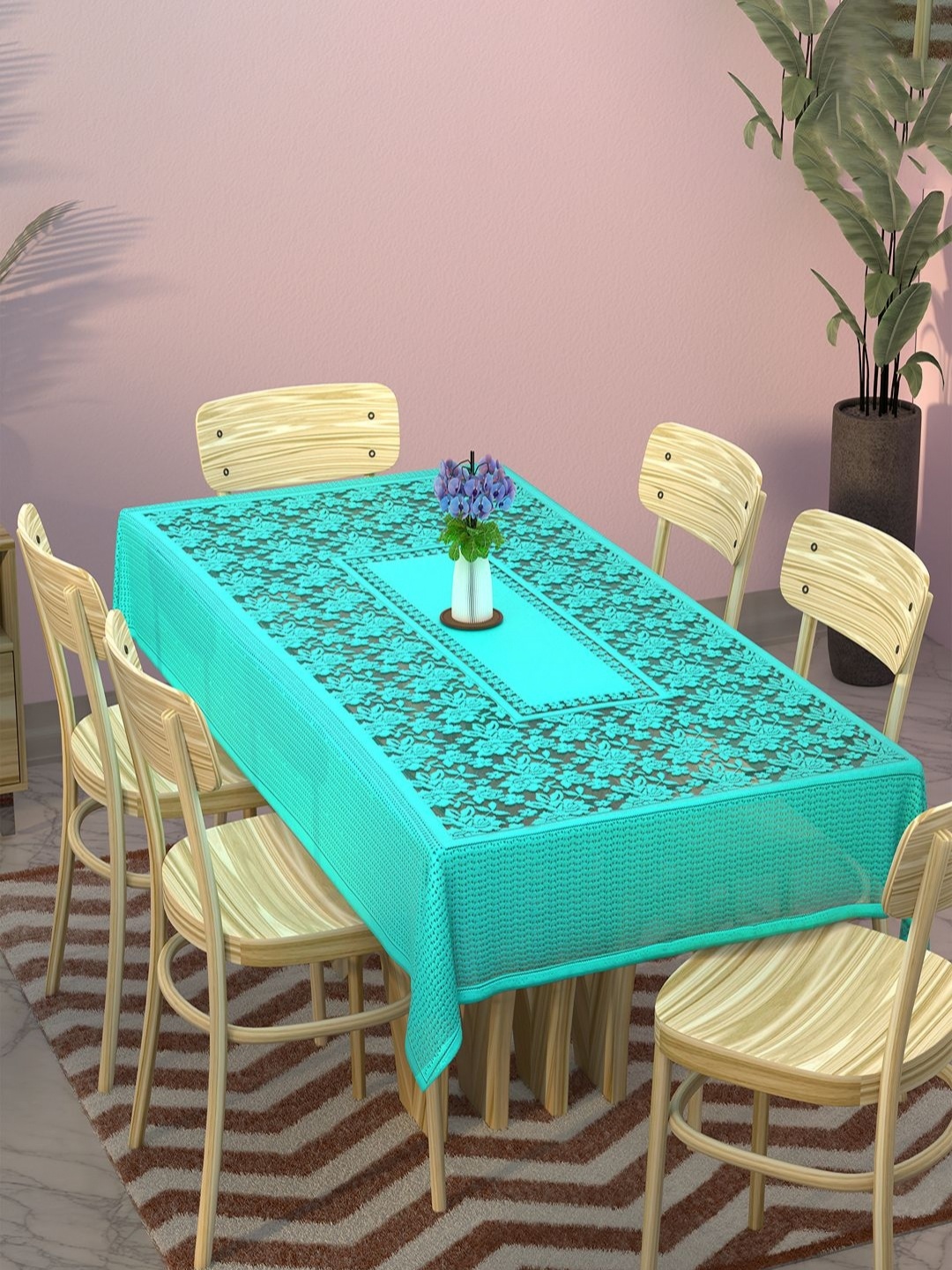 

Aura Blue Floral Cotton 6-Seater Table Cover with Embroidered details