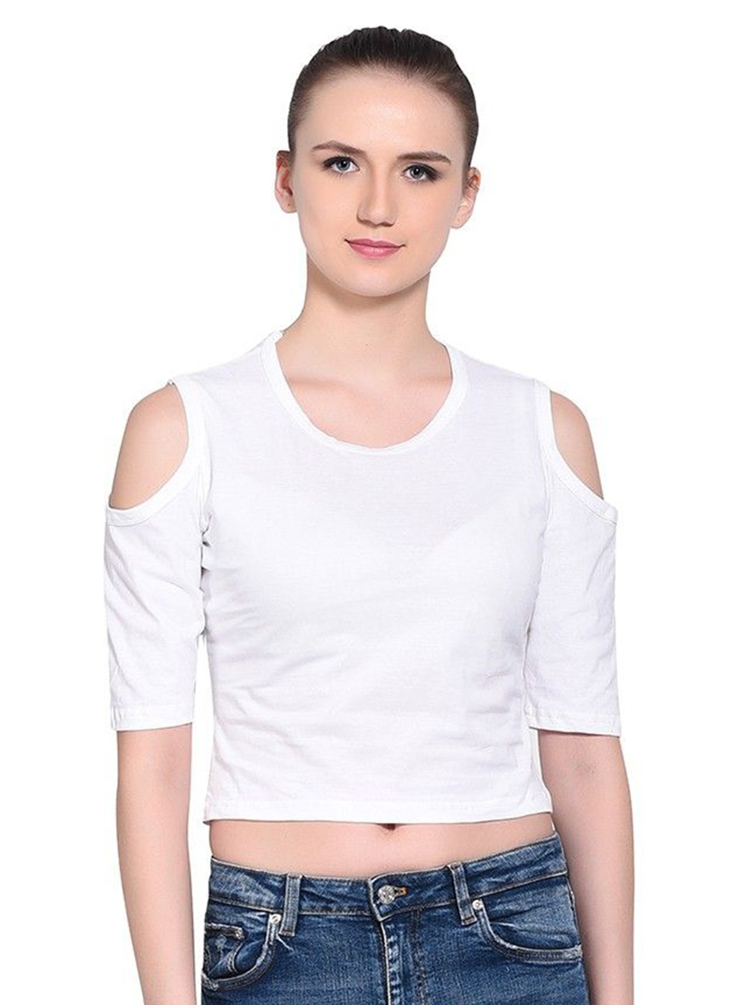 

BEYOU FASHION Women Drop-Shoulder Sleeves Raw Edge Slim Fit T-shirt, White