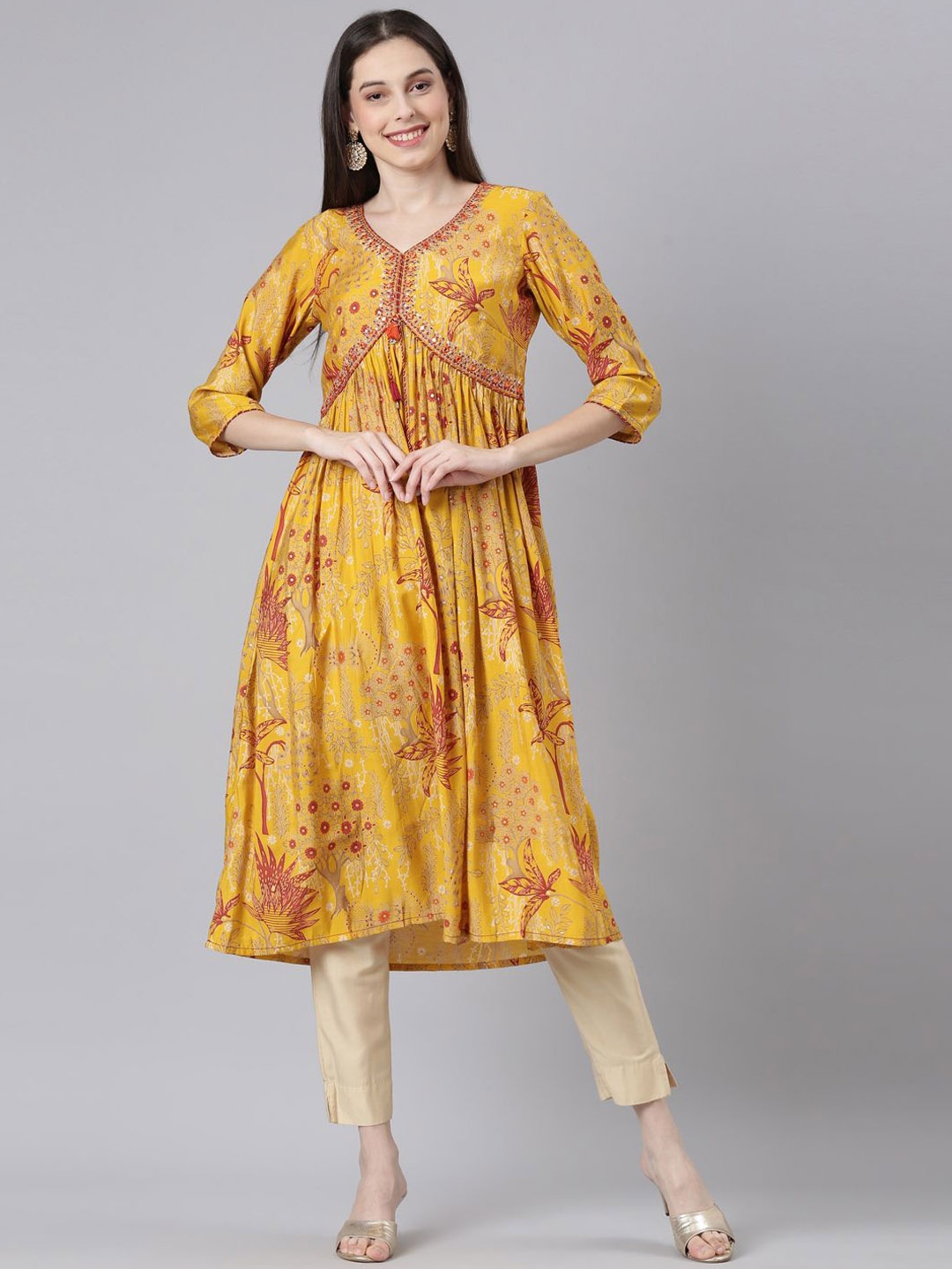 

Neerus Women Floral Embellished Anarkali Kurta, Mustard