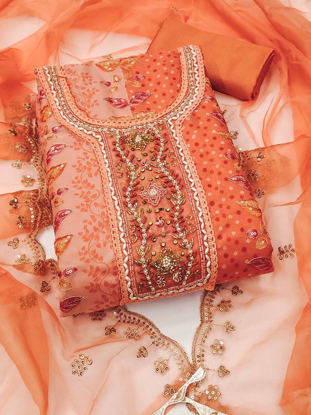 

SHADOW & SAINING Embroidered Organza Semi-Stitched Dress Material, Orange