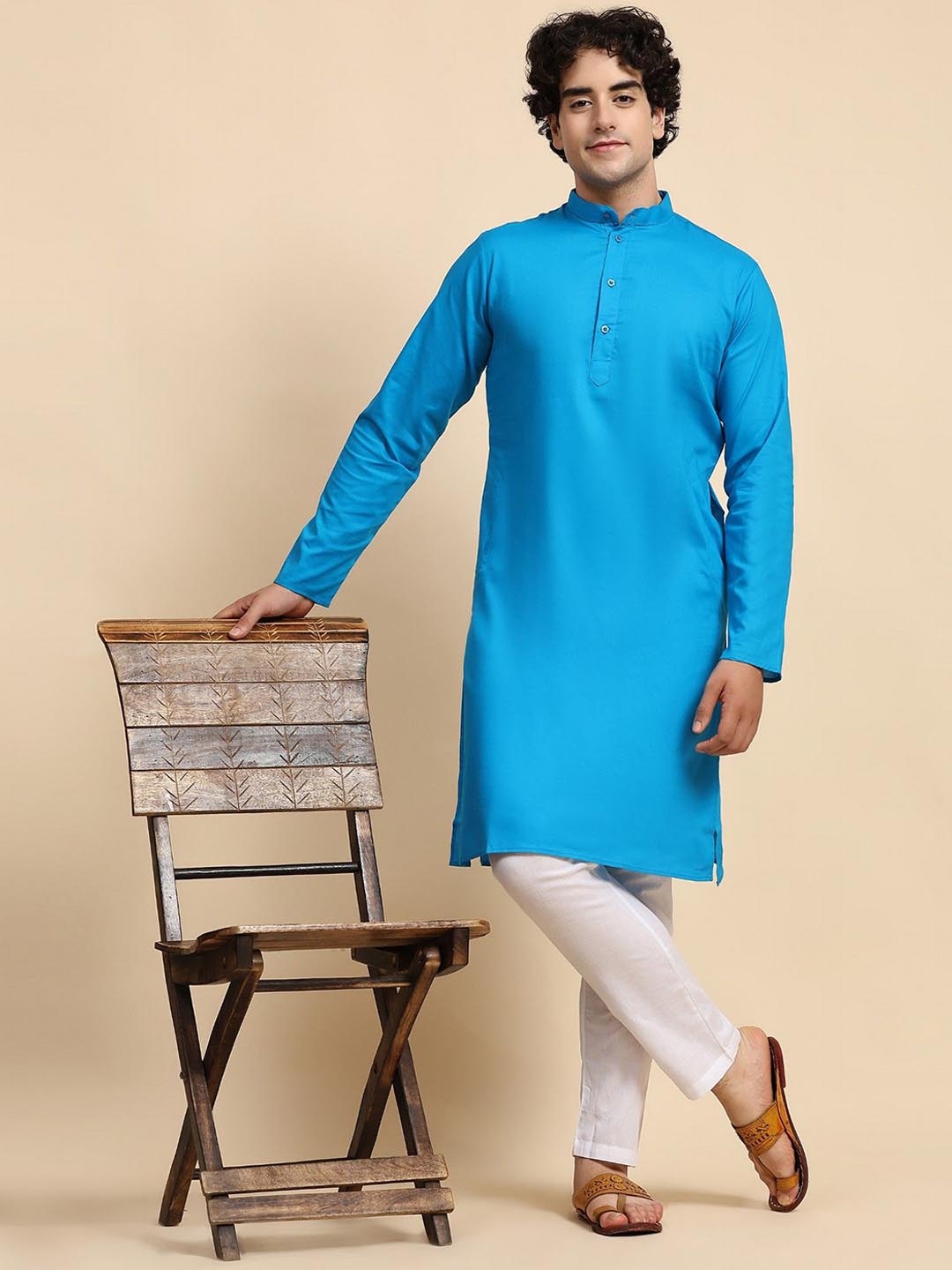 

SKAVIJ Men Pure Cotton Kurta with Pyjamas, Turquoise blue
