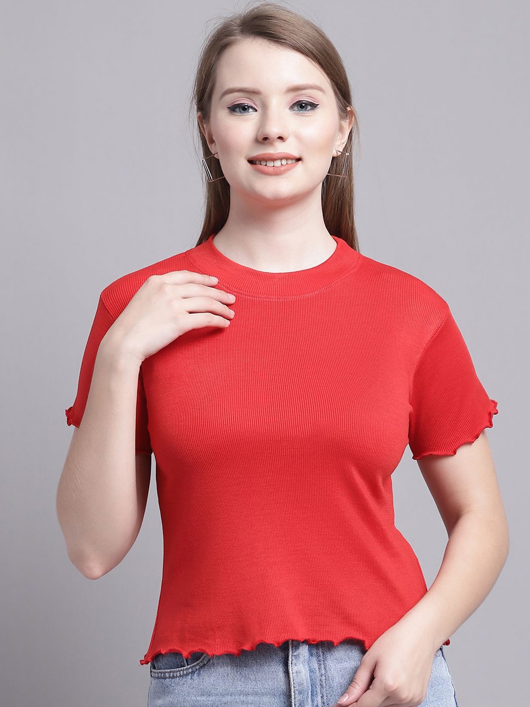 

GRACIT Cotton High-Low Crop Top, Red