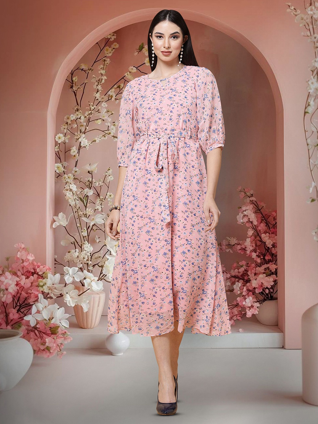 

SZN Floral Print Keyhole Neck Applique A-Line Midi Dress, Pink