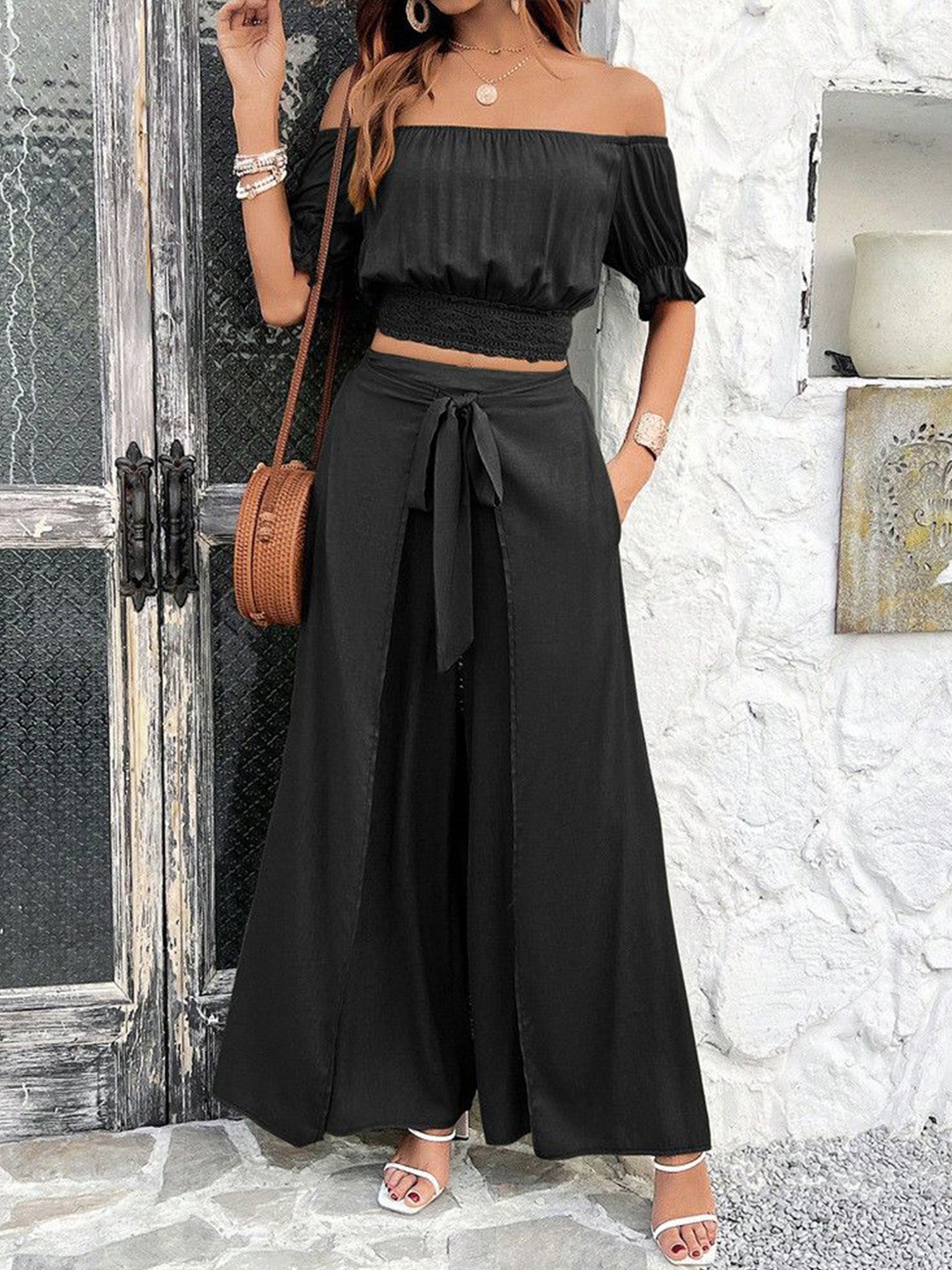 

all about you Off Shoulder Top With Trousers Co-Ords, Black