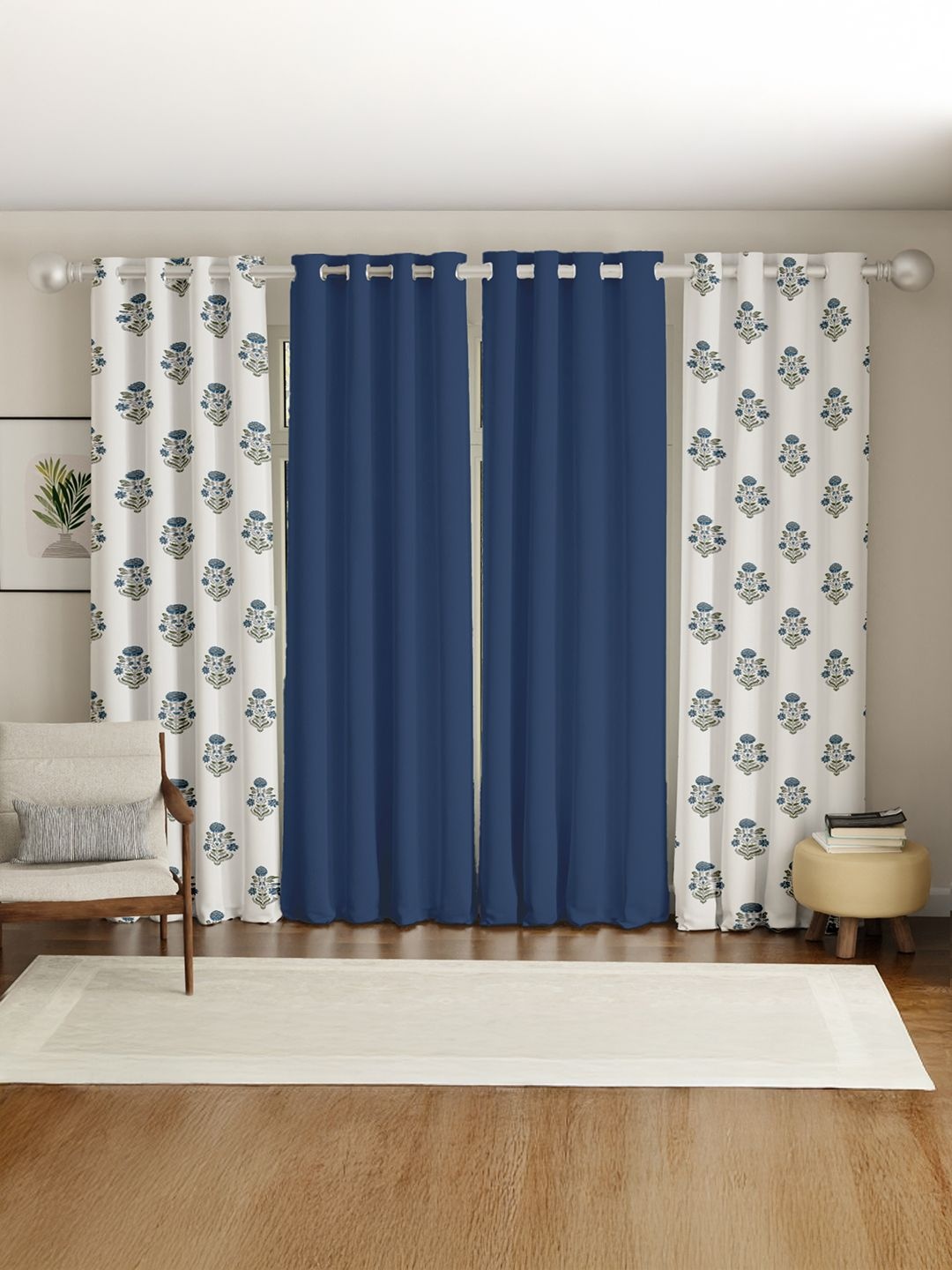 

URBAN SPACE Blue & White Set of 4 Floral Door Curtain
