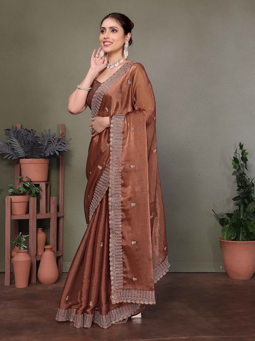 

NEGRONI Ethnic Motifs Embroidered Tissue Saree, Brown