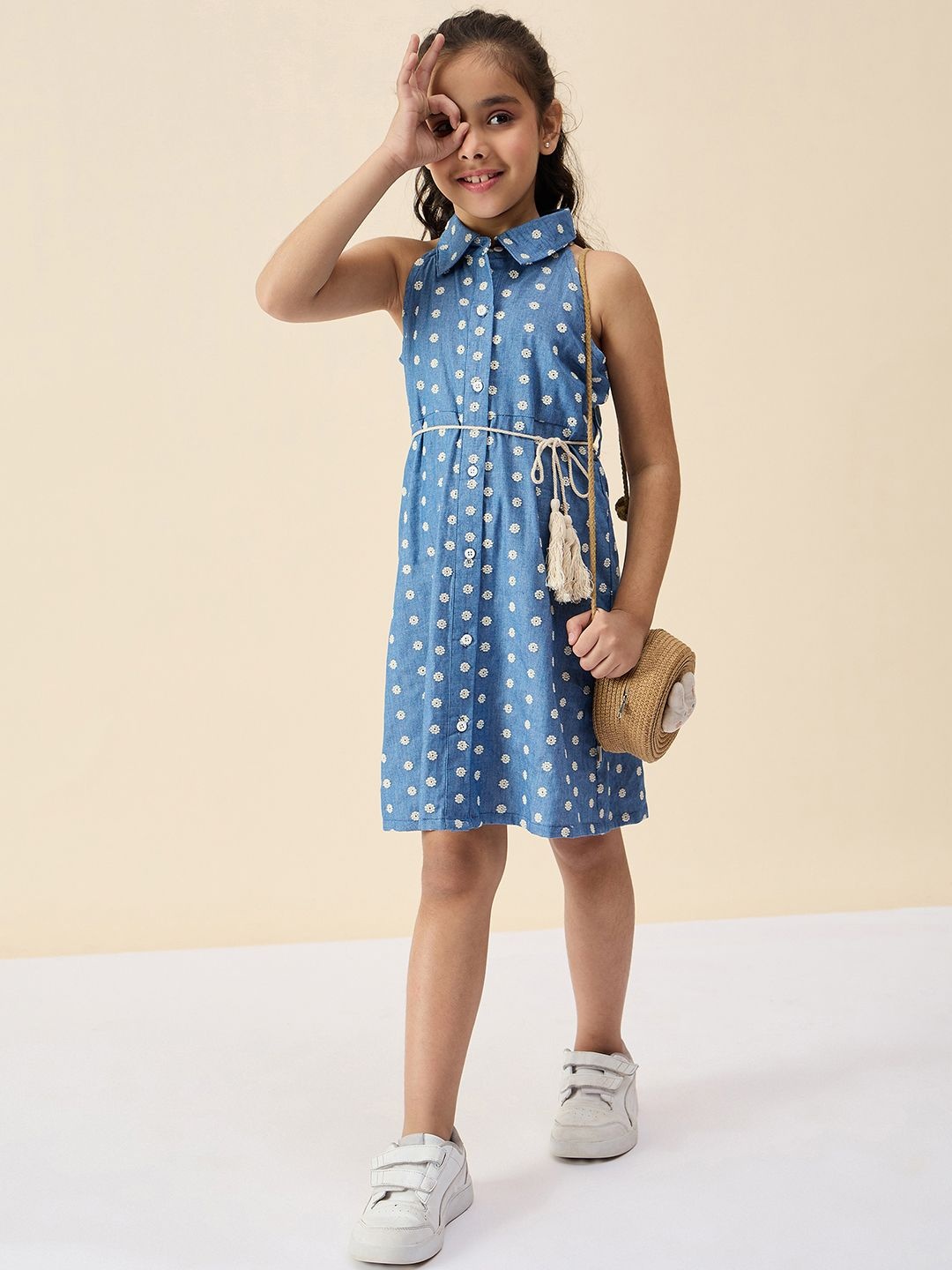 

Stylo Bug Polka Dot Embroidered Denim A-Line Dress, Blue