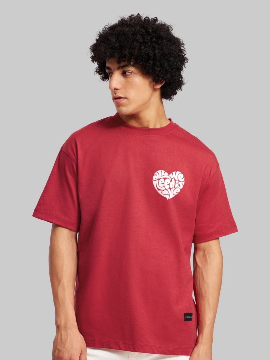 

Underrated Club Men Printed Drop-Shoulder Sleeves Bio Finish Applique T-shirt, Red