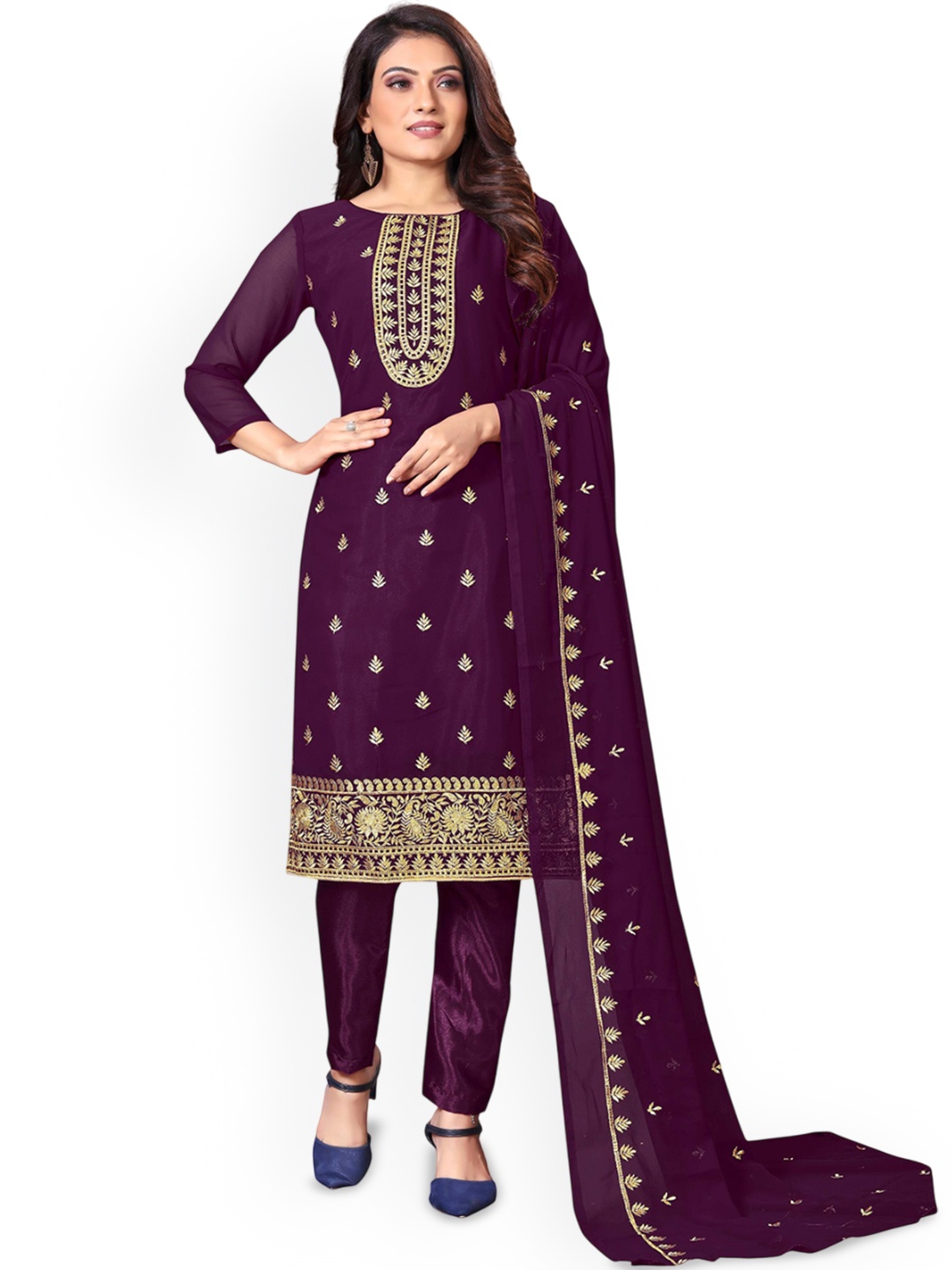 

SHADOW & SAINING Embroidered Silk Georgette Unstitched Dress Material, Purple