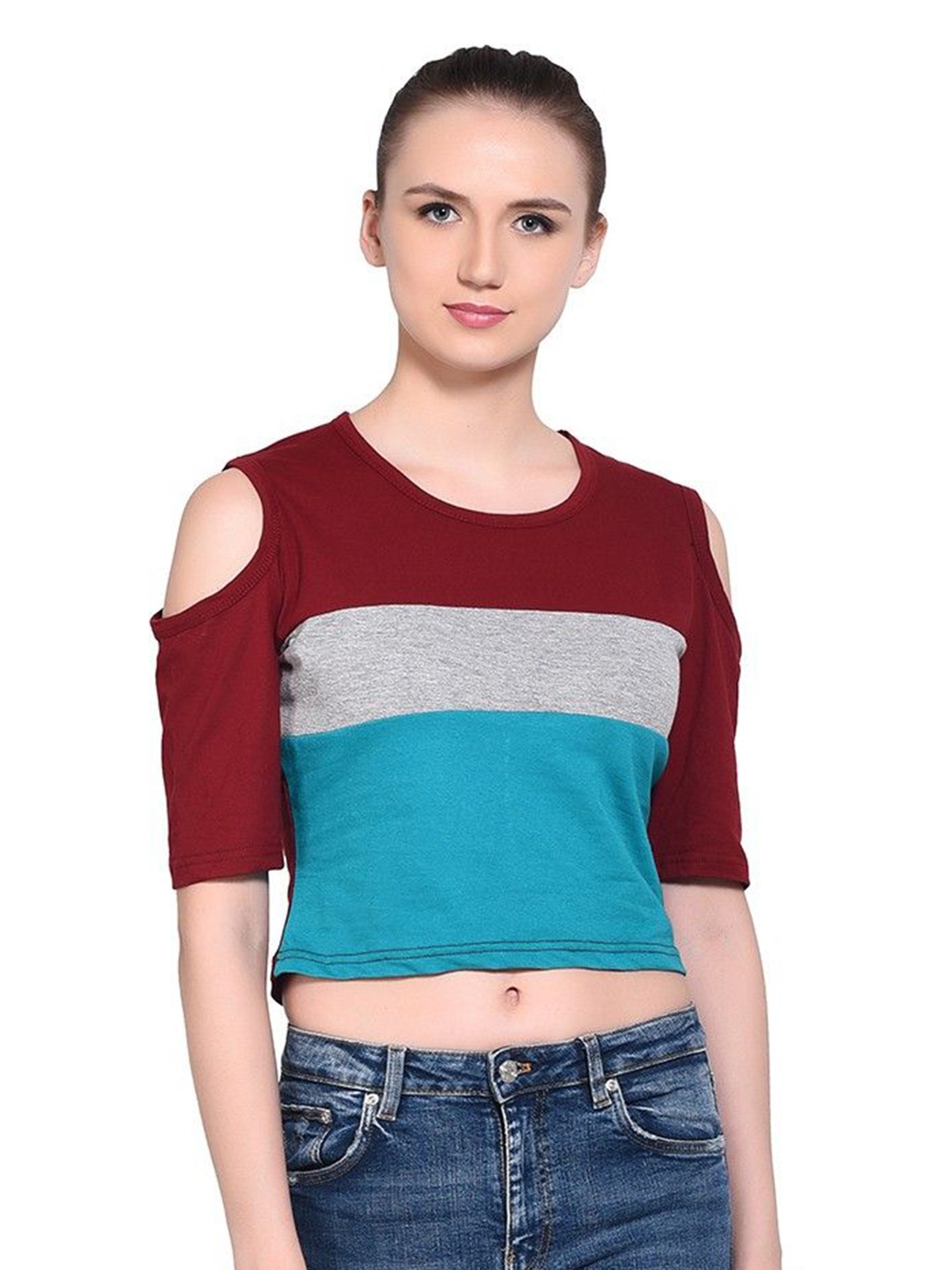 

BEYOU FASHION Women Striped Raw Edge Slim Fit T-shirt, Maroon