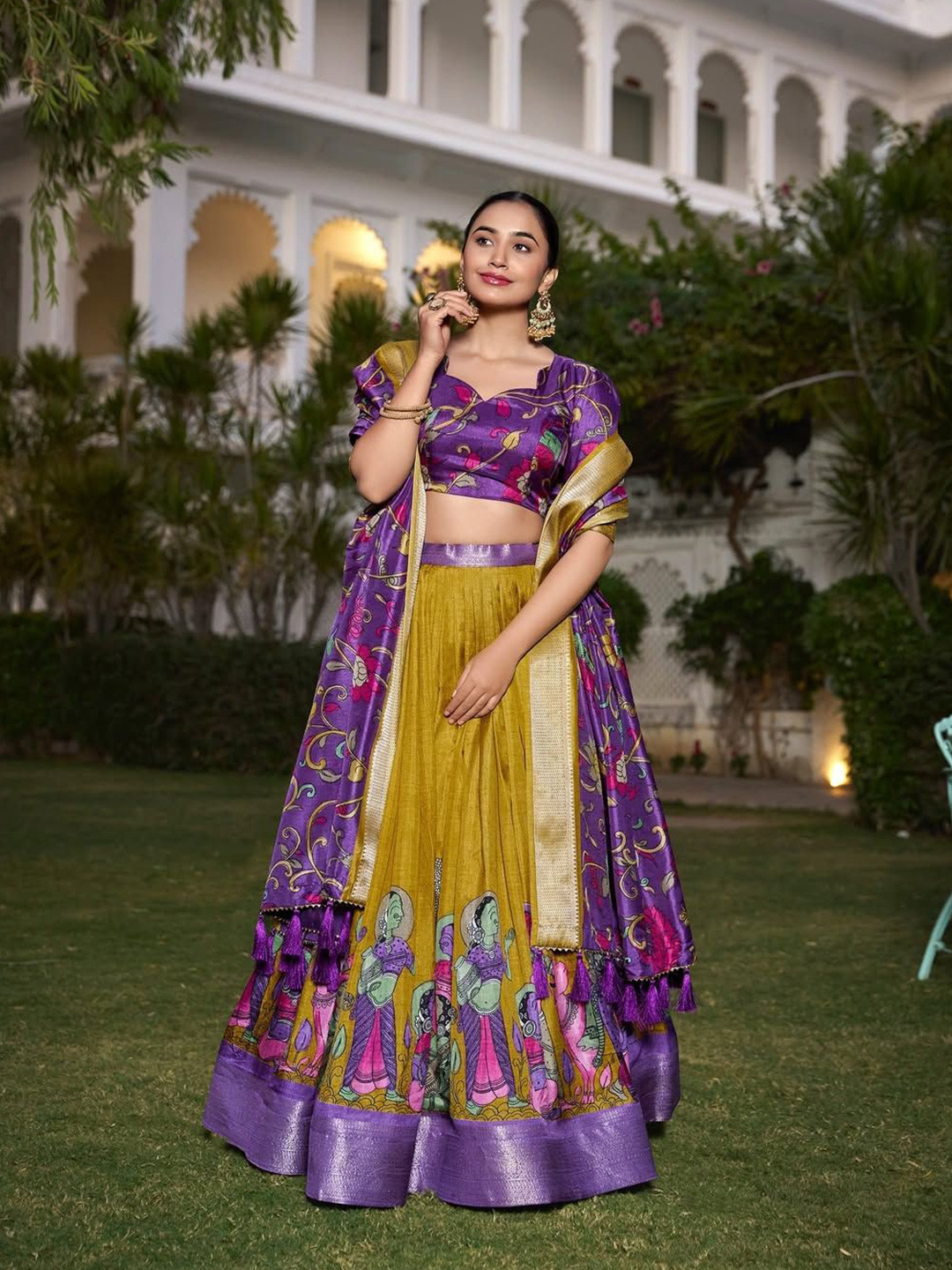 

RADHVI BIZ Printed Kalamkari Ready to Wear Lehenga & Semi-Stitched Blouse With Dupatta, Mustard