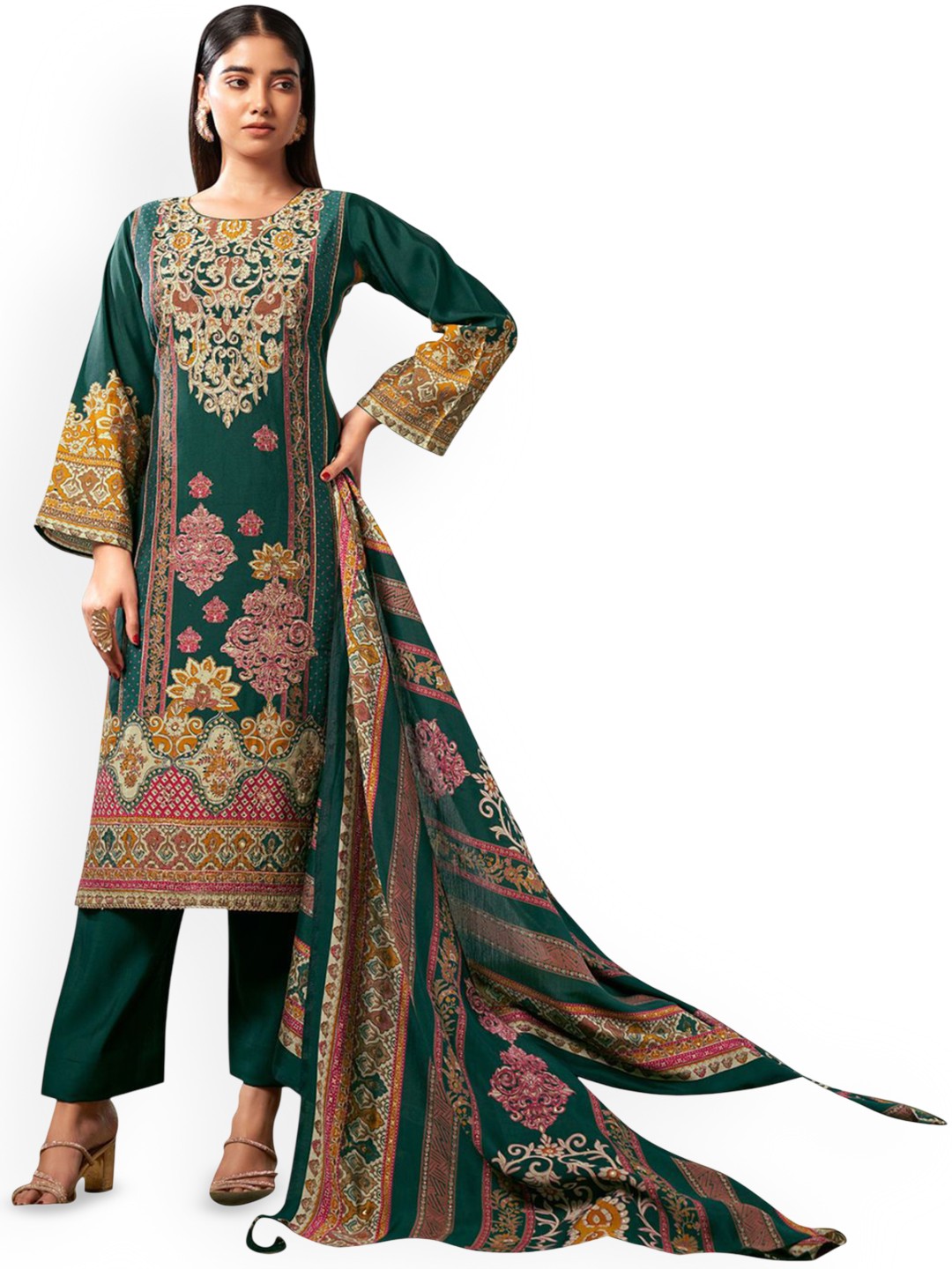 

DRAVINAM Trends Embroidered Pure Cotton Unstitched Dress Material, Green