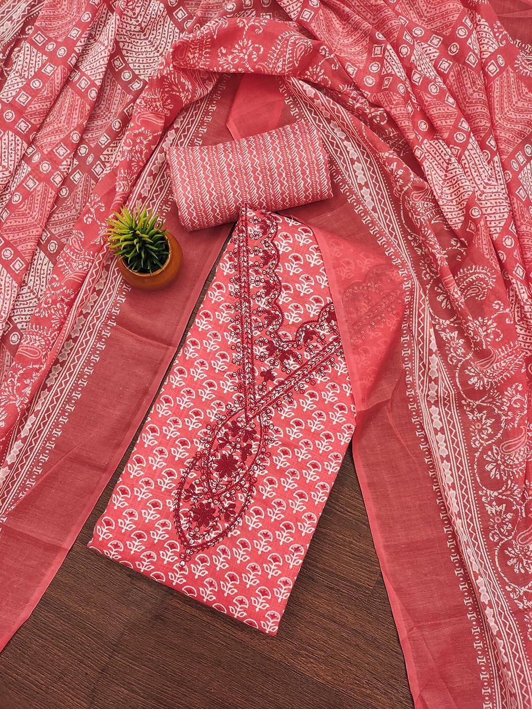 

SHADOW & SAINING Embroidered Pure Cotton Unstitched Dress Material, Pink