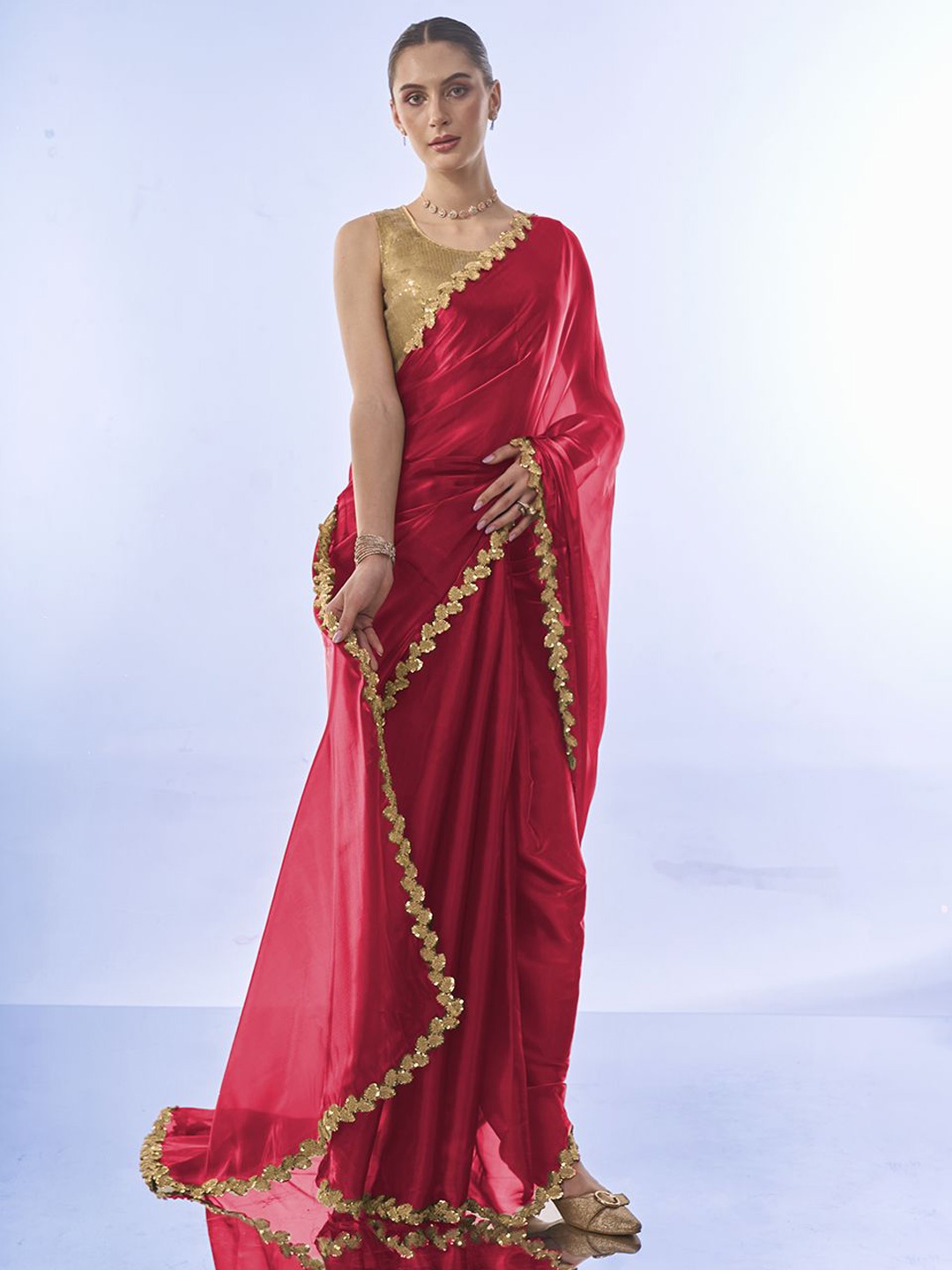 

modeva Embellished Sequinned Organza Ready to Wear Saree, Red