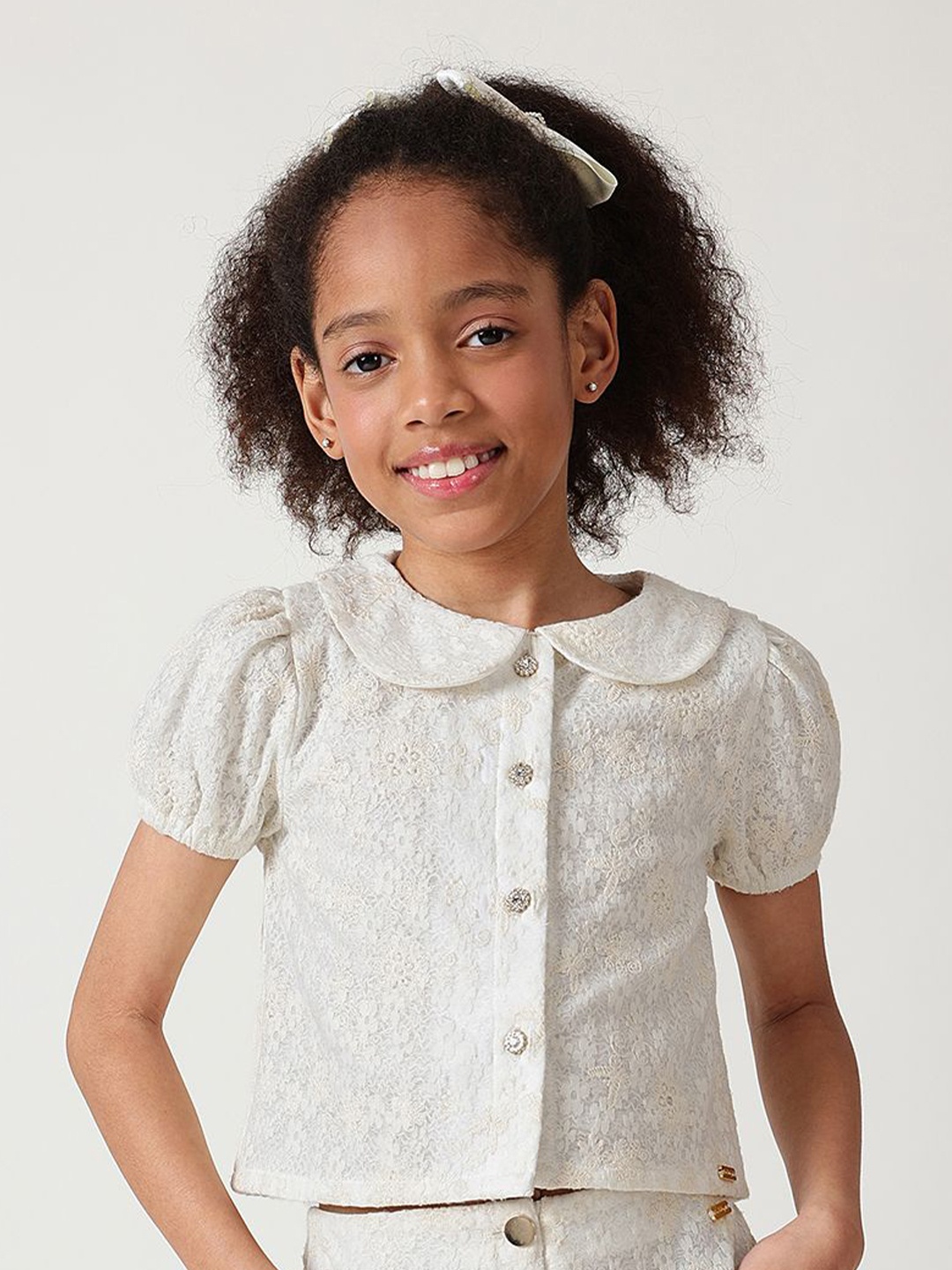 

One Friday Peter Pan Collar Puff Sleeve Cotton Lace Top, Off white