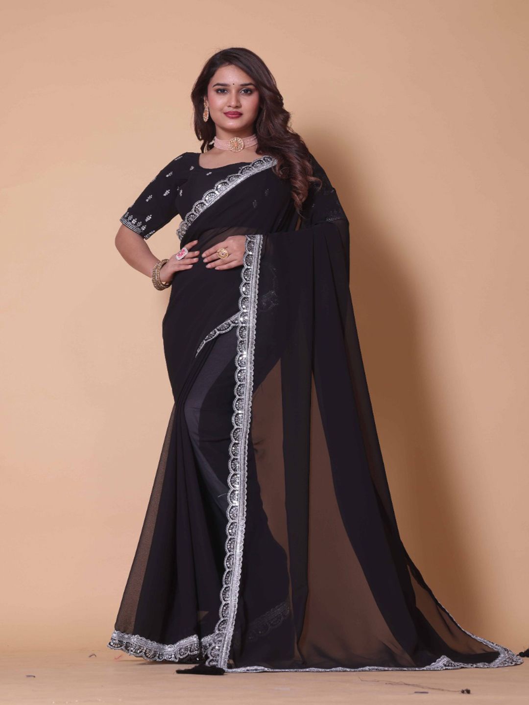 

Lilots Embellished Sequinned Pure Georgette Chanderi Saree, Black