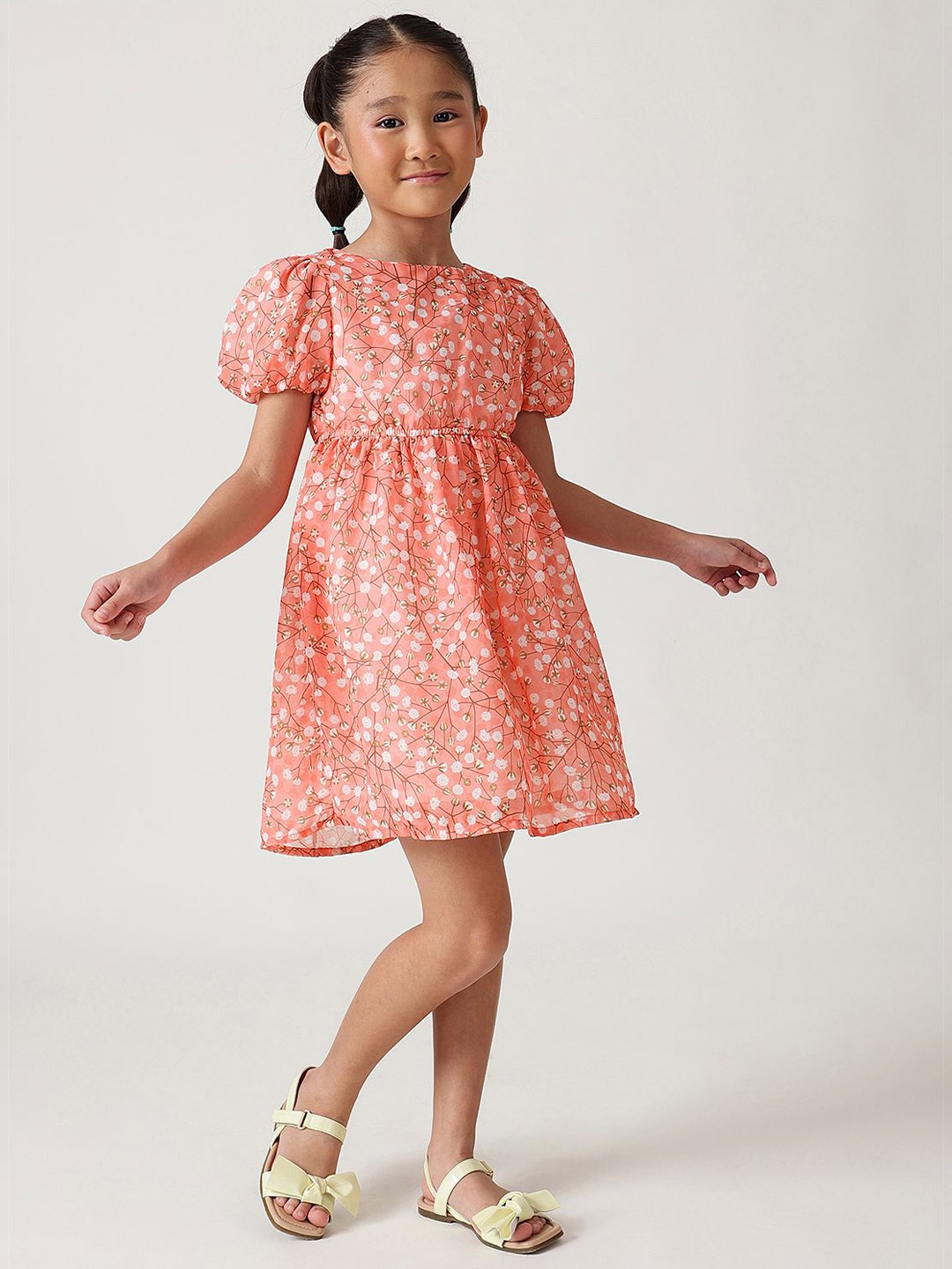 

One Friday Floral Print Puff Sleeve A-Line Dress, Peach